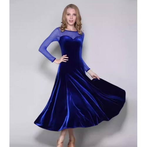 Women girls dark green royal blue red ballroom dance dresses velvet foxtrot smooth tango dance long gown for female